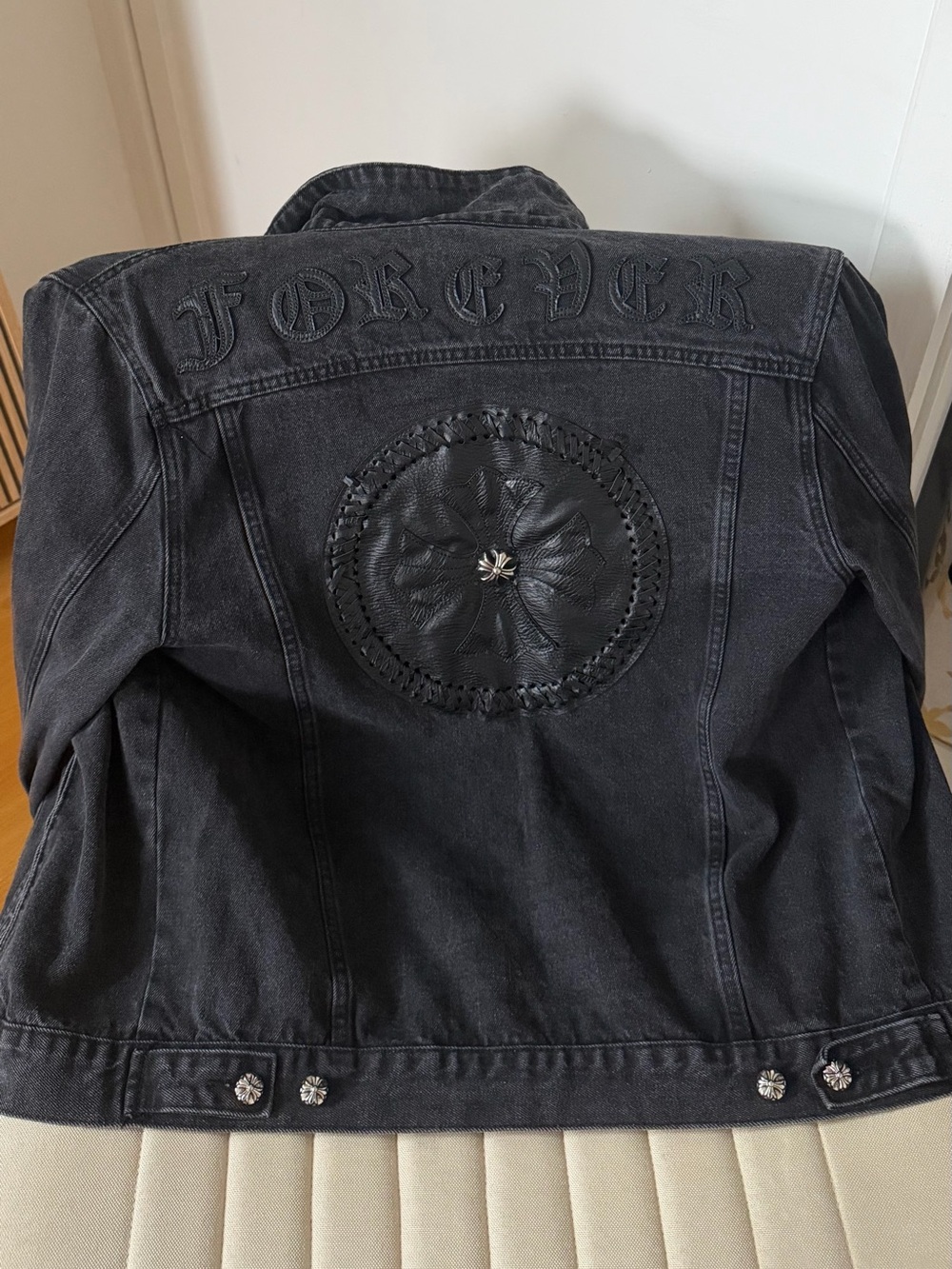 Chrome Hearts Forever Black Back Patch Black Denim Jean Jacket Men's Size XL